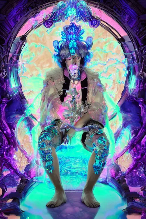 Image similar to photo of full-body rococo and cyberpunk delicate neon crystalline sculpture of ((handsome muscular onyx albino prince Joe Jonas)) as an blue iridescent humanoid deity wearing ((peach plastic hooded cloak)) (holding an onyx skull) in a onyx castle dungeon, reclining, glowing pink face, crown of (pink lasers), large blue diamonds, swirling black silk fabric. futuristic elements. oozing glowing liquid, full-length view. space robots. intricate artwork by caravaggio. Trending on artstation, octane render, cinematic lighting from the right, hyper realism, photorealistic, octane render, 8k, depth of field, 3D