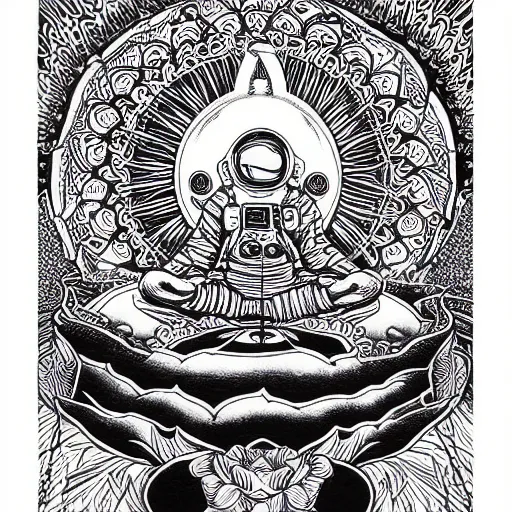 Prompt: meditating astronaut sitting in a lotus flower, psychedelic illustration by Aaron Horkey, photorealism, intricate, line-drawing, black ink on white paper