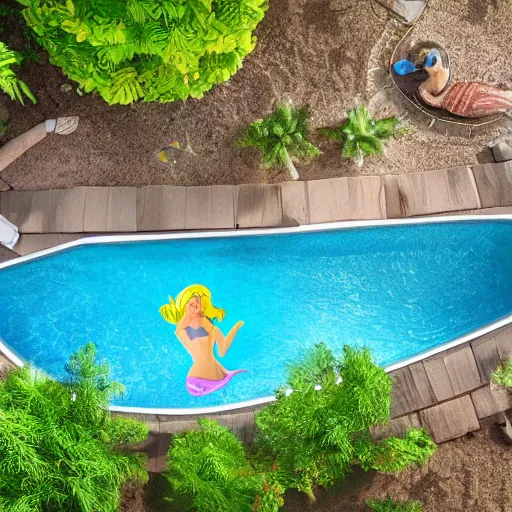 Prompt: On a tree view of the neighbors backyard swimming pool, there is a mermaid swimming in it, photo realistic, award winning photo, detailed, 8k, hd