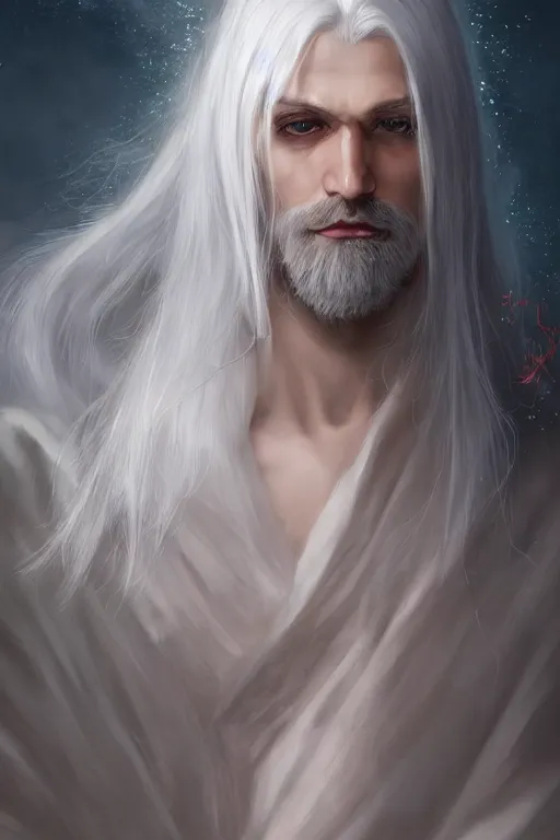 Image similar to white haired robe fu xi full male front body portrait, distant view, very long white beard and hair, long hair shawl, fine kindness delicate prefect face features gaze, piercing eye, elegant, style of tom bagshaw, cedric peyravernay, peter mohrbacher, victo nga, 4 k hd illustrative wallpaper, animation style, chinese style