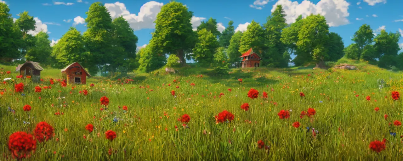 Prompt: a beautiful meadow landscape with large detailed bees flying between flowers, crimson - black beehive, happy trees, photorealistic, octane render, rtx, hdr, unreal engine, digital art widescreen 8 k in the style of studio ghibli and bob ross