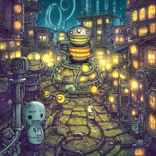 Prompt: fantasycore street view of futuristic machinarium tokyo at night by michael whelan and naomi okubo and dan mumford. cute chibi machinarium robots. cel-shaded. glossy painting.