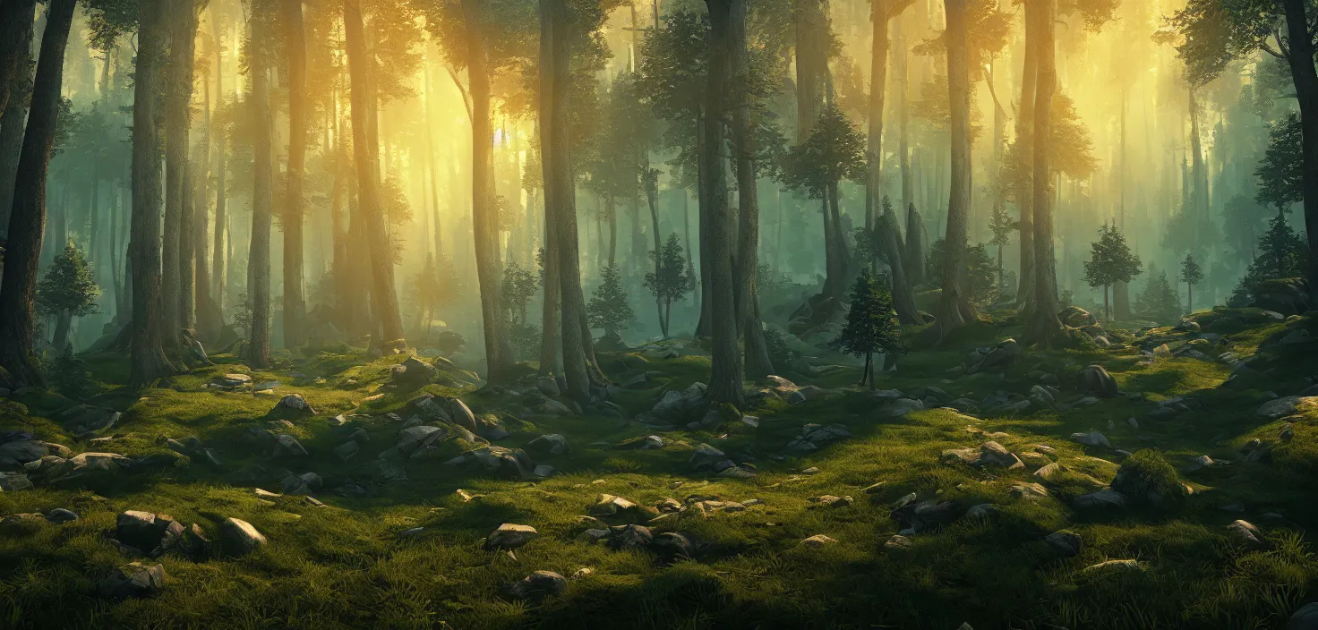 Image similar to random forest landscape, incredible, vector art, octane render, fabulous, hyper detailed, random cinematic view, no noise, global illumination, warm lighting, volumetric, godrays, vivid, beautiful