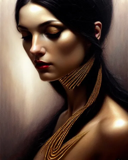 Image similar to portrait of a beautiful goddess, enigmatic beauty, dominant shades of black, gold, silver, dark red, white, head in focus, fantasy art, ornamental aesthetics, intricate, elegant, highly detailed, hyperrealistic painting, artstation, concept art, painterly, sharp focus, illustration, art by karol bak