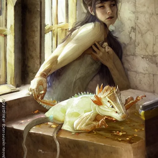 Prompt: prompt Sweet dragon, sleeping on the kitchen counter of a magical bakery, oil painting, by Fernanda Suarez and Edgar Maxence and greg rutkowski