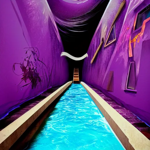 Image similar to a bloody water slide in the nigth, purple, moody, dark, artistic, digital art, blue and purple, epic