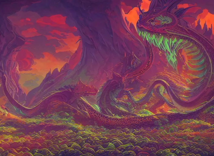 Image similar to psychedelic concept art of a dragon landscape made of thousands of spiraling dragons, cel shaded, in the style of makoto shinkai and moebius and peter mohrbacher and anton fadeev