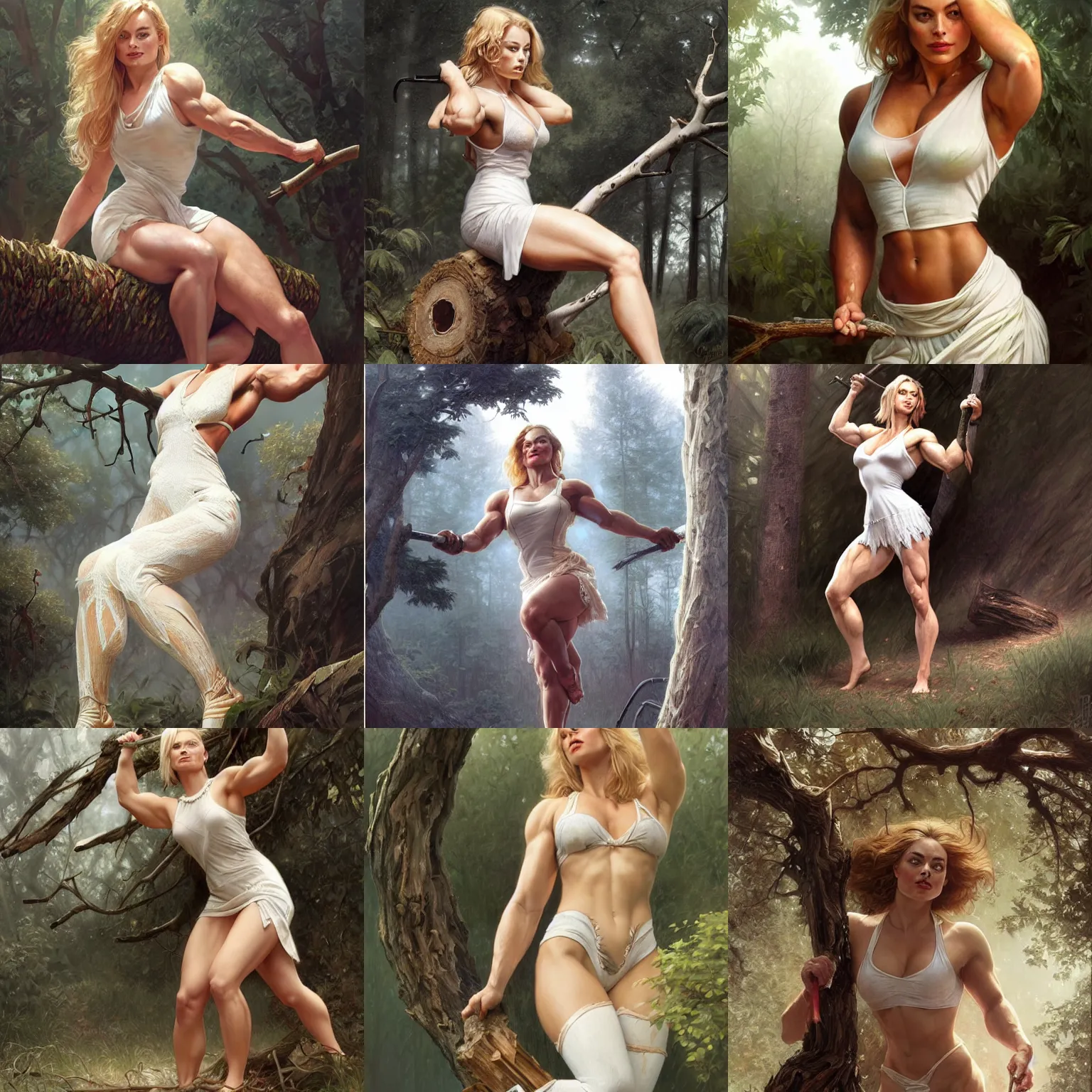 Prompt: margot robbie, large body builder muscles, chopping down a tree, white lace clothing, highly detailed, digital painting, matte, sharp focus, art by artgerm, greg rutkowski, alphonse mucha, frank frzetta, boris vallejo, bouguereau, beksinski, cinematic