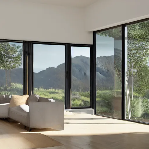 Image similar to modern open living room with big windows showing an amazing landscape on the background, organic architecture, interior design, minimalist furniture, octane render, high detail, 8 k, post production