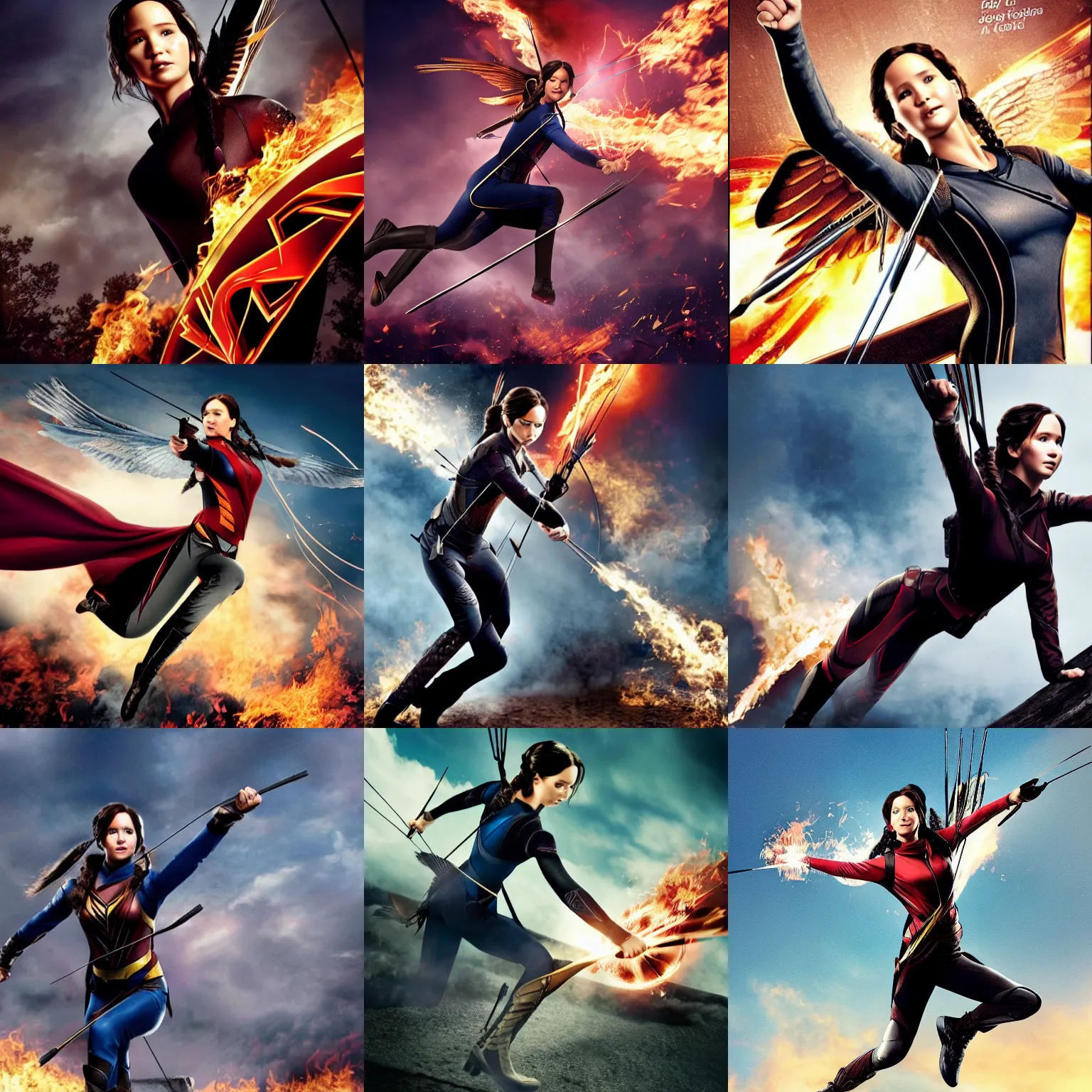 Prompt: katniss everdeen as a superman, flying through the air, fist in front of her