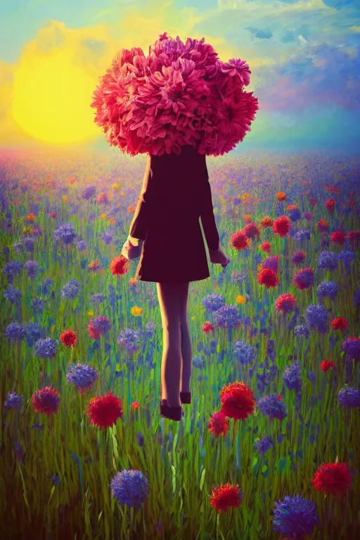 Image similar to closeup, giant flower head, girl in suit standing in a field of flowers, surreal photography, sunrise, blue sky, dramatic light, impressionist painting, digital painting, artstation, simon stalenhag