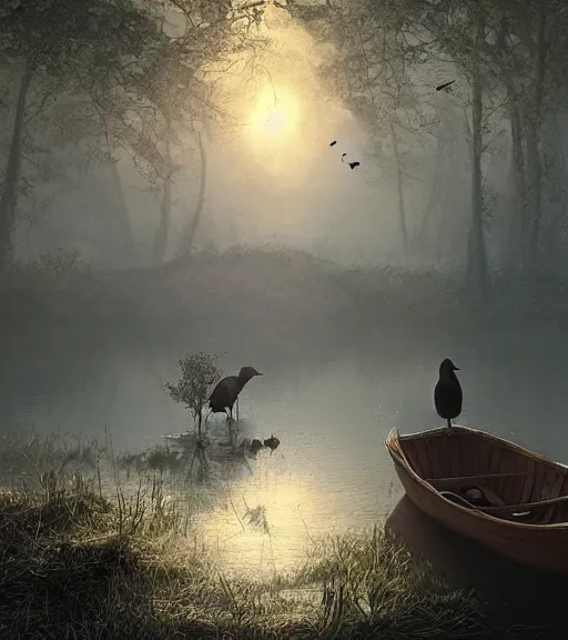 Image similar to three crows in a little boat in a swamp at night, volumetric lighting, fog, majestic light, octane render, ethereal glare of the sun, hyperrealistic, epic, masterpiece, by greg rutkowski