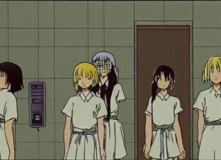 Image similar to screenshot from guro anime, 8 0's horror anime, yellowed grainy vhs footage with noise, four schoolgirls trapped in a bathroom, bathroom stalls and sinks and tiled floor, girls are in beige sailor school uniforms, one girl has white hair, detailed expressive faces, various hair colors and styles, in the style of ghibli,