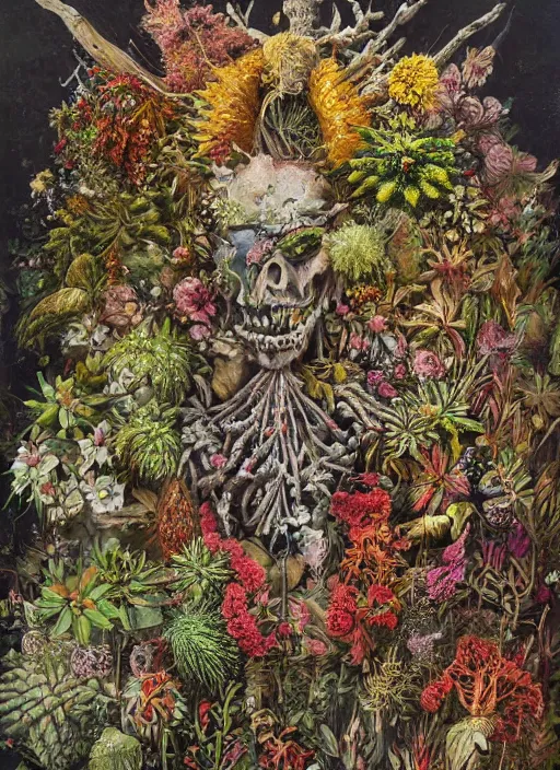 Prompt: a hyper detailed fine painting of a monster made of woods herbs flowers and plants, weird bizzar art, horror tribal surrealism