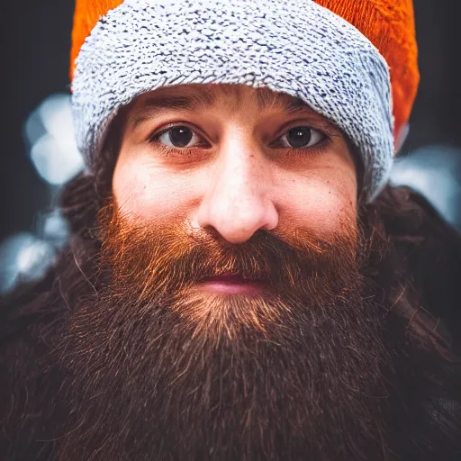 Image similar to A bearded wizard with an orange beanie, (EOS 5DS R, ISO100, f/8, 1/125, 84mm, postprocessed, crisp face, facial features)