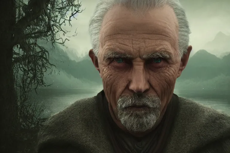 Image similar to an ultra realistic cinematic close up headshot portrait of an evil wizard, background of a vast serene landscape with trees and rivers, detailed, deep focus, movie still, dramatic lighting, ray tracing, by michal karcz and yoshitaka amano