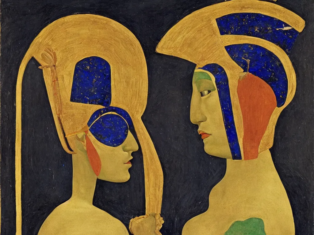 Prompt: portrait of a woman head with african mask. lapis lazuli, malachite, obsidian, gold. painting by piero della francesca, balthus, agnes pelton