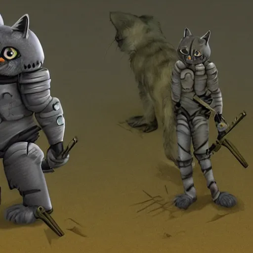 Image similar to a humanoid cat like creature in full body armor, force fields on the armor, yellow eyes, and grey fur with teeth that protrude past their lower jaw holding rifles