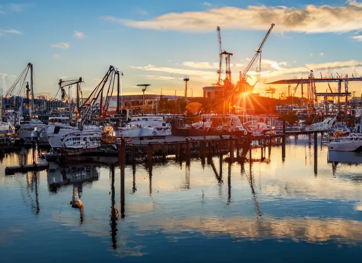 Prompt: photograph of the harbour with its cranes of gothenburg sweden, sun setting, landscape photography, award winning, canon, soft lighting, sony, nikon, 4 k, hd