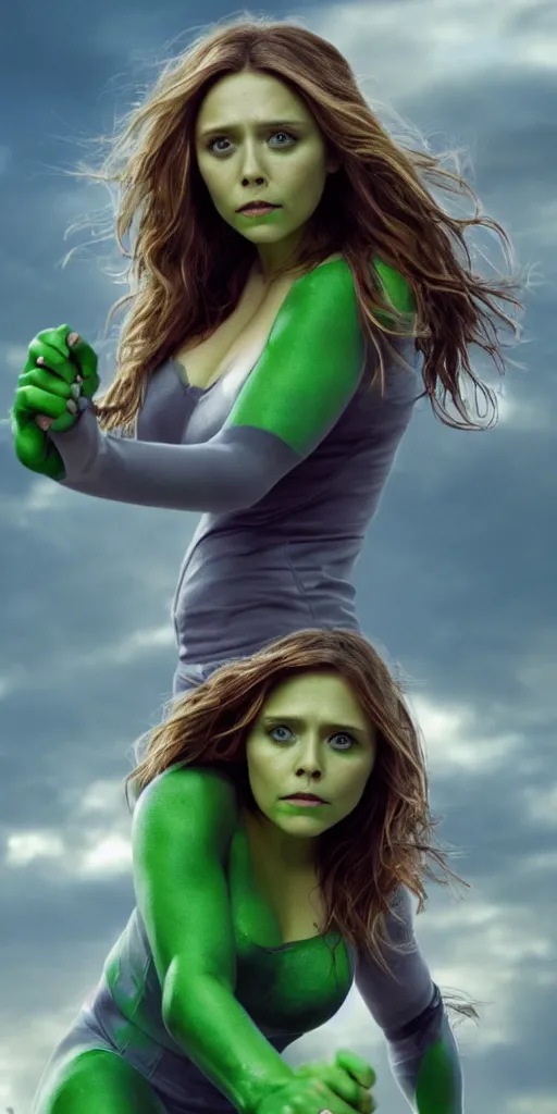 Prompt: Photorealistic art of Elizabeth Olsen as shehulk, full body, action shot, high definition, cinematic, realistic