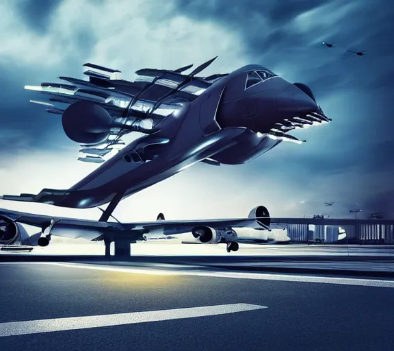 Image similar to immense futuristic jet plane arrives at runway of cyberpunk airport at night ,cinematic lighting, realistic photo , concept art