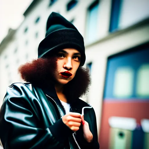 Image similar to Photograph of a mixed woman smoking, wearing a black beanie and black bomber jacket, urban environment, depth of field, 4k, 8k, hd, sigma 85mm f/1.4