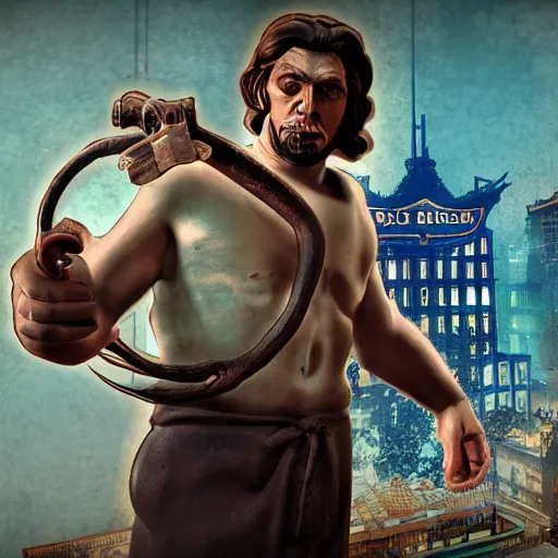 Image similar to saint homo neanderthalis with science bible on hand, gta chinatown art style, bioshock infinite art style, sharp focus hyperrealistic, rgba colors, remove duplicate content, justify contents center.