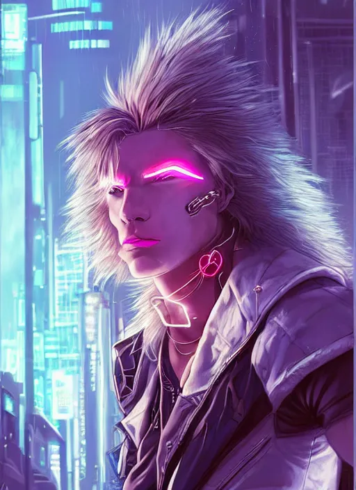 Image similar to esthetic portrait commission of a of a male muscular cyborg anthro albino lion with a neon metal tail and a cute beautiful attractive detailed furry face wearing stylish cyberpunk unkempt wired clothes in a cyberpunk city at sunset while it rains heavily. Character design by charlie bowater, ross tran, artgerm, and makoto shinkai, detailed, inked, western comic book art, 2021 award winning painting