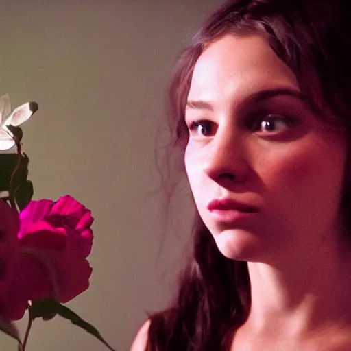 Image similar to movie still of the girl with the flowers head, cinematic composition, cinematic light, by edgar wright and david lynch