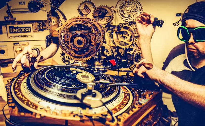 Prompt: a person wearing goggles and visor and headphones using a steampunk record player contraption, doing turntablism dj scratching, intricate carved wood, planetary gears, complex, cinematix, imax, sharp focus, hyper detail