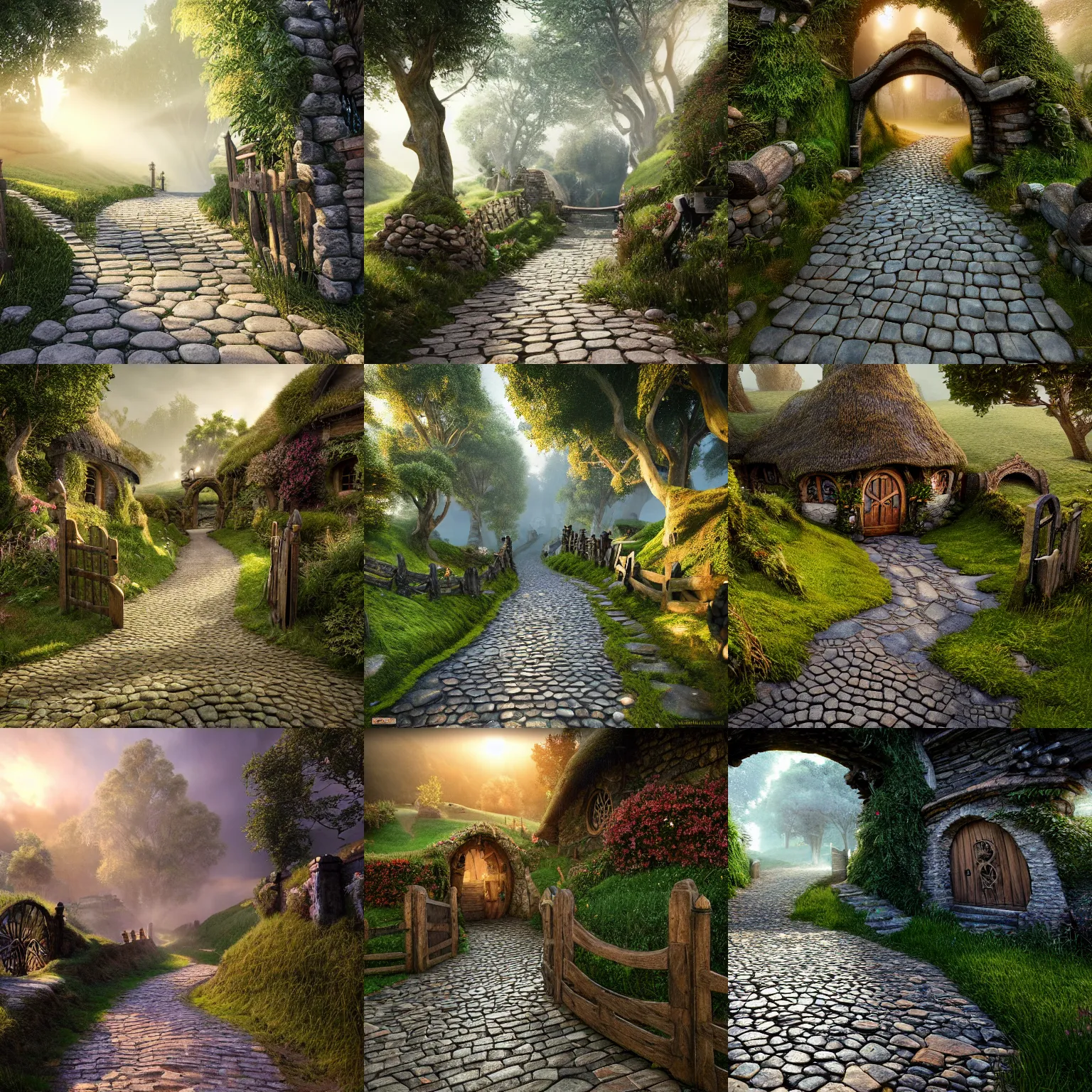 Prompt: winding cobblestone path leading to the wooden gates to the shire, hobbiton, intricate detail, volumetric lighting, epic composition, hyper detailed, ultra realistic, sharp focus, octane render, volumetric, ray tracing, sense of awe, swirling mist, 4 k