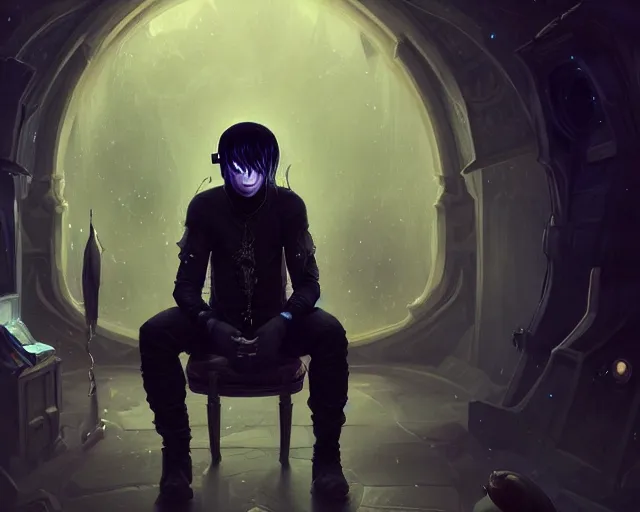 Image similar to a 4 k cinematic screenshot still portrait of a emo in a dark liminal space room listening to music wearing headphones, deep focus, d & d, fantasy, intricate, elegant, highly detailed, digital painting, artstation, concept art, matte, sharp focus, illustration, dark fantasy style art, hearthstone, art by artgerm and greg rutkowski and alphonse mucha