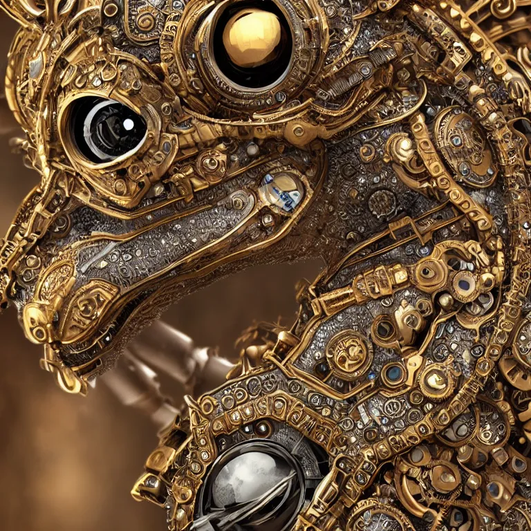 Image similar to A close up symmetric steampunk fox head with sparkling eyes made from ornate engraved full plate armor and Rolex gears and jewels and gems, macro shot by Justin Gerard, unreal engine, detailed, intricate, physically based rendering