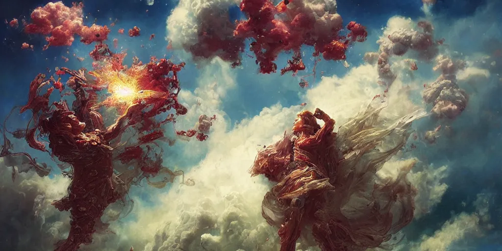 Image similar to supernova, flying plant factory producing clouds in space, painted by ruan jia, raymond swanland, lawrence alma tadema, zdzislaw beksinski, norman rockwell, jack kirby, tom lovell, alex malveda, greg staples