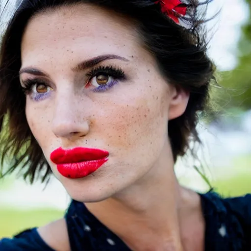 Image similar to close up portrait photo of the left side of the face of a brunette woman with stars inside her eyes, red lipstick and freckles. she looks directly at the camera. Slightly open mouth, face covers half of the frame, with a park visible in the background. 135mm nikon. Intricate. Very detailed 8k. Sharp. Cinematic post-processing. Award winning photography