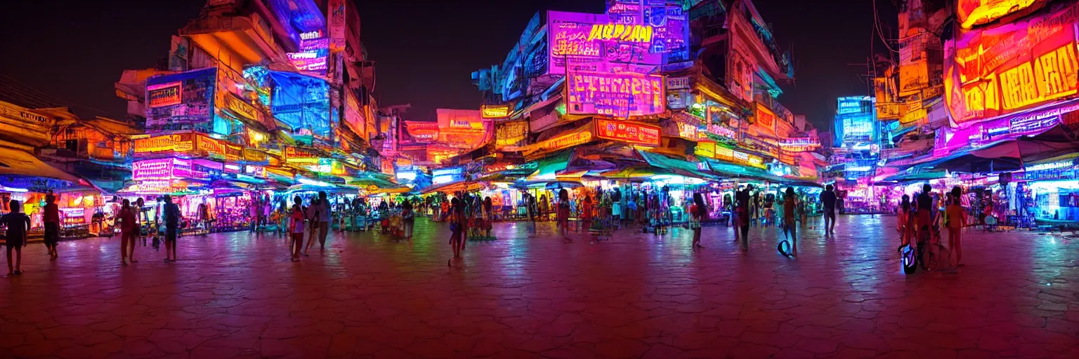 Image similar to Cyberpunk town square, futuristic Phnom-Penh Cambodia, neon lighting