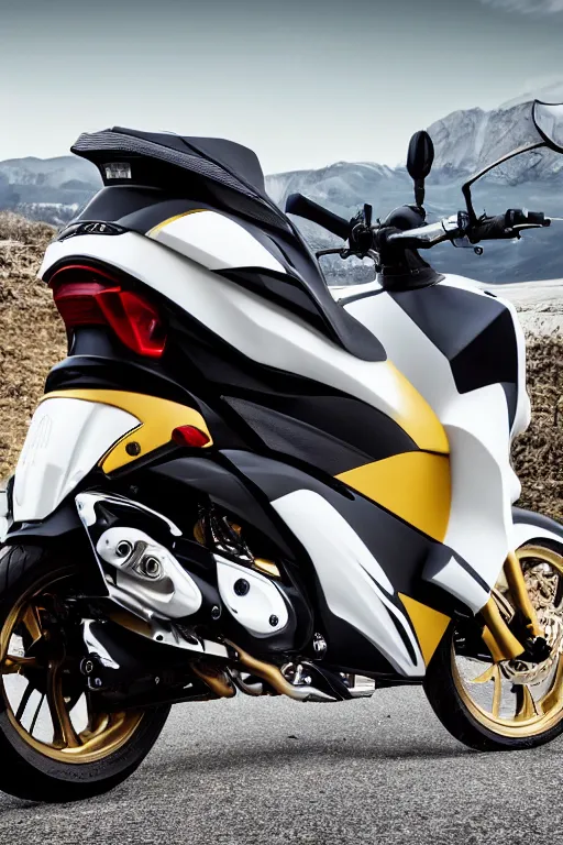 Image similar to photo of yamaha aerox with black and white pearlescent paintjob, mountainroad background, golden hour, 5 6 0 ccm, race style, custom scooter, dslr, 8 5 mm, f / 1. 3