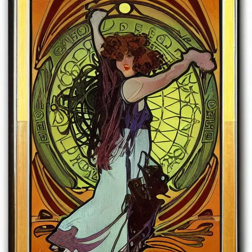 Image similar to female occult detective, painted by alphonse mucha