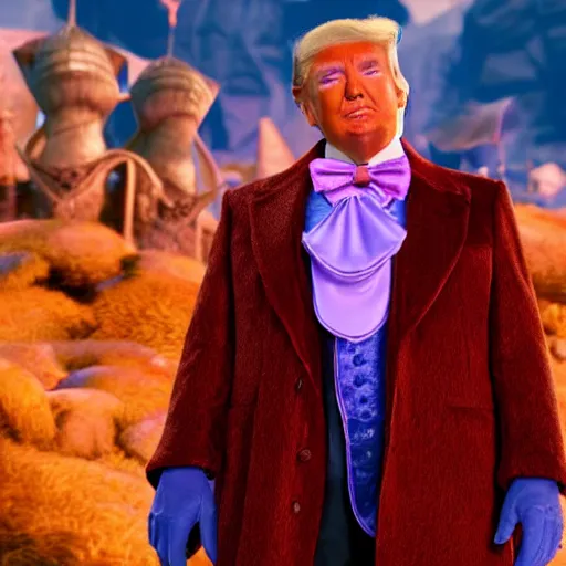 Prompt: portrait of donald trump as willy wonka in skyrim, fantasy, splash art, avengers movie, movie still, detailed face, photorealistic facial features, cinematic lighting, dramatic, octane render, long lens, shallow depth of field, bokeh, anamorphic lens flare, 8 k, hyper detailed, 3 5 mm film grain