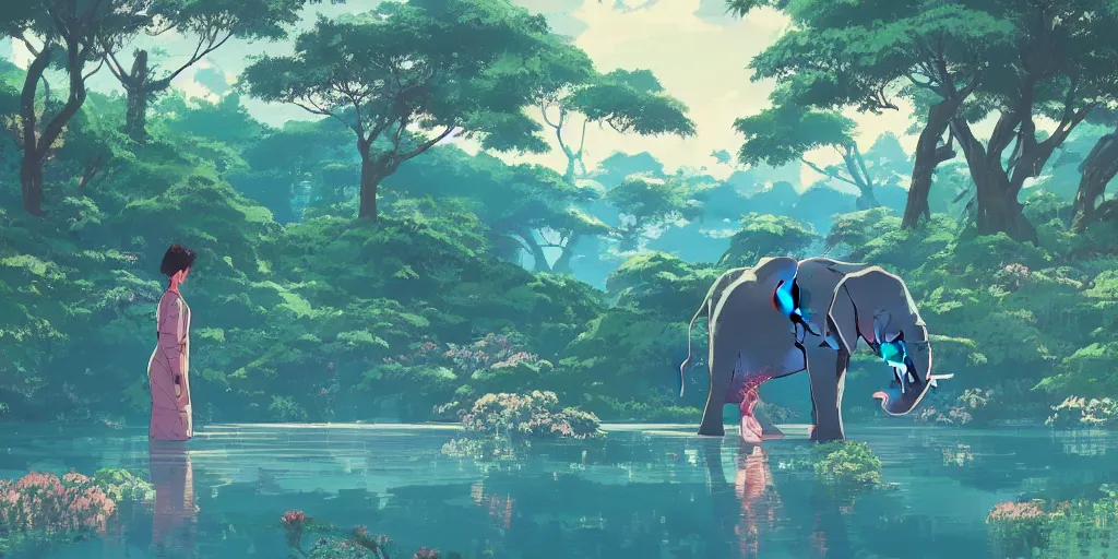 Prompt: elephant in front of a lake with gardens and waterfall vibrant highlights sharp contrast trending pixiv fanbox by victo ngai james gurney makoto shinkai takashi takeuchi studio ghibli