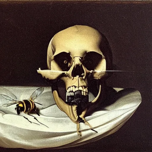 Prompt: painting of a bee on a skull by caravaggio