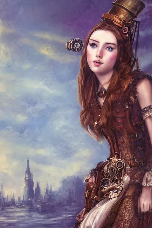 Prompt: beautiful digital oil steampunk style girl in the style of Arthur Hughes