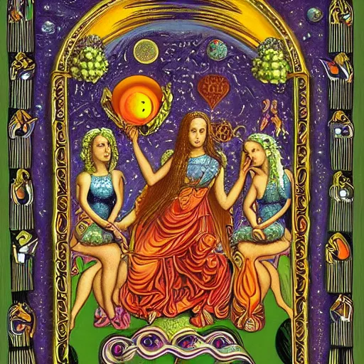 Prompt: by emek golan casual. the computer art shows venus seated on a crescent moon. she is surrounded by the goddesses ceres & bacchus, who are both holding cornucopias.