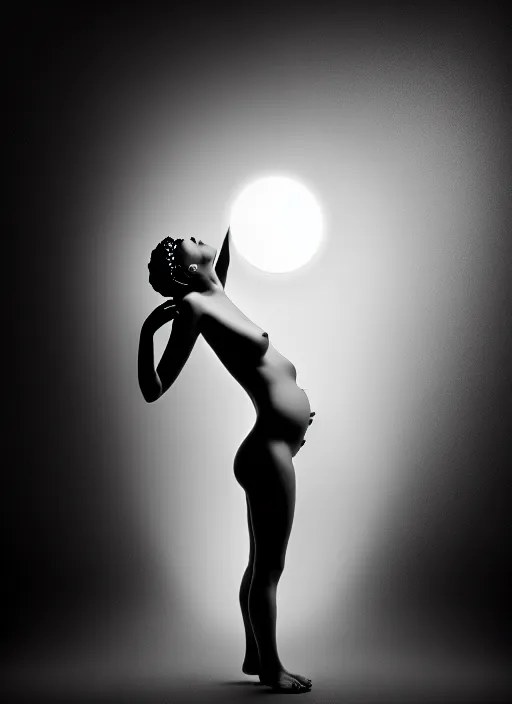 Image similar to surreal mythical dreamy dark artistic black and white fine art fashion portrait photo of a young beautiful delicate female ai giving birth to the new world, spiritual, halo, glory, rim light, cinematic, studio dramatic light, poetic, masterpiece, octane render, 8 k, photo - realistic by dora maar man ray