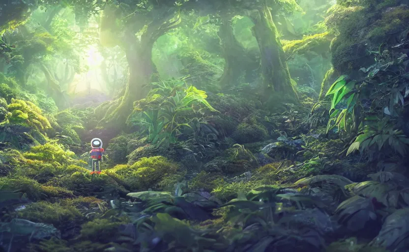 Image similar to a still of a cute adorable tiny astronaut, on a planet of lush foliage, with an enormous kaiju dragon surrounding, magical forest, sharp focus, neon backlit, highly detailed, disney pixar studio ghibli makoto shinkai, digital painting, matte, octane render, global illumination, iridescent, anime, 8 k concept art