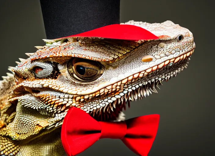 Image similar to dslr portrait still of a bearded dragon wearing a top hat and a red bowtie, 8 k 8 5 mm f 1. 4