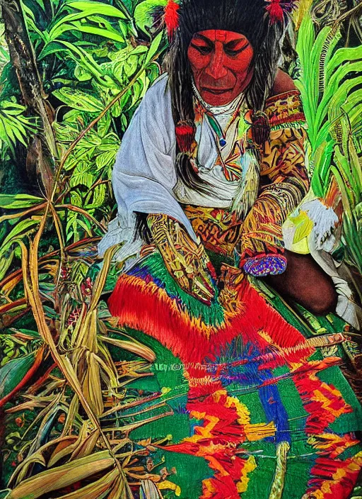 Image similar to a beautiful painting of an indigenous shaman doing crafting of a beautiful fabric in the jungle, realistic, ayahuasca