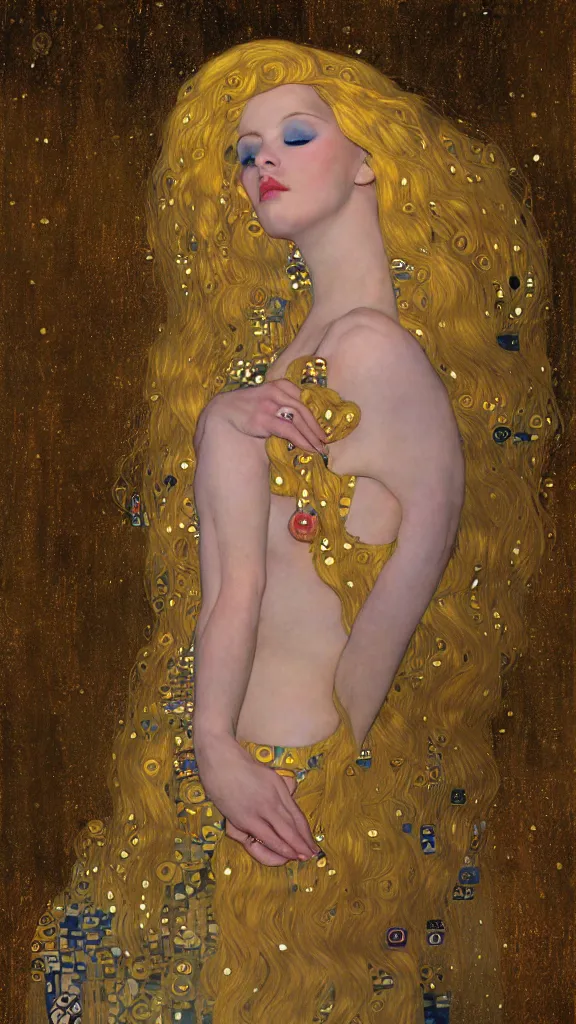 Image similar to a soft and breathtaking detailed painting of a full body sleeping blonde princess in the style of Gustav Klimt, blonde hair, shiny gold, elegant, highly detailed, artstation, fluo colors, concept art, matte, sharp focus, art by Gustav Klimt