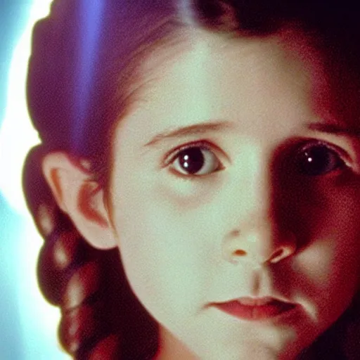 Image similar to film still of carrie fisher as a kid in new star wars movie, dramatic lighting, highly detailed face, kodak film, wide angle shot,