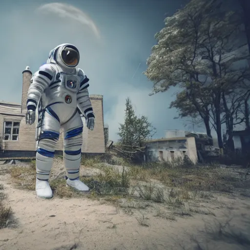 Prompt: humanoid in spacesuit, abandoned mansion on the background, hyper realistic render, cryengine render 8k, unreal engine